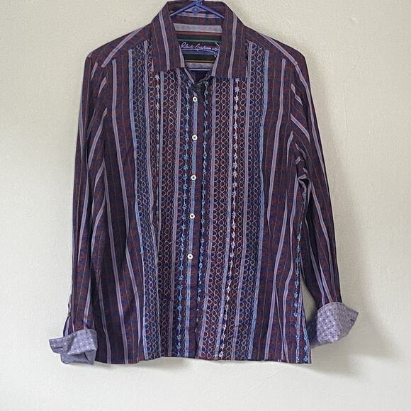 Robert Graham Shirt XL Purple Striped Embroidered Button Down Flip Cuff Cotton - Picture 1 of 8